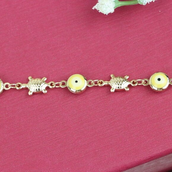 "Rose Gold Turtle & Yellow Evil Eye Bracelet, Cute Protective Design, XPBL0744 - Picture 9 of 12
